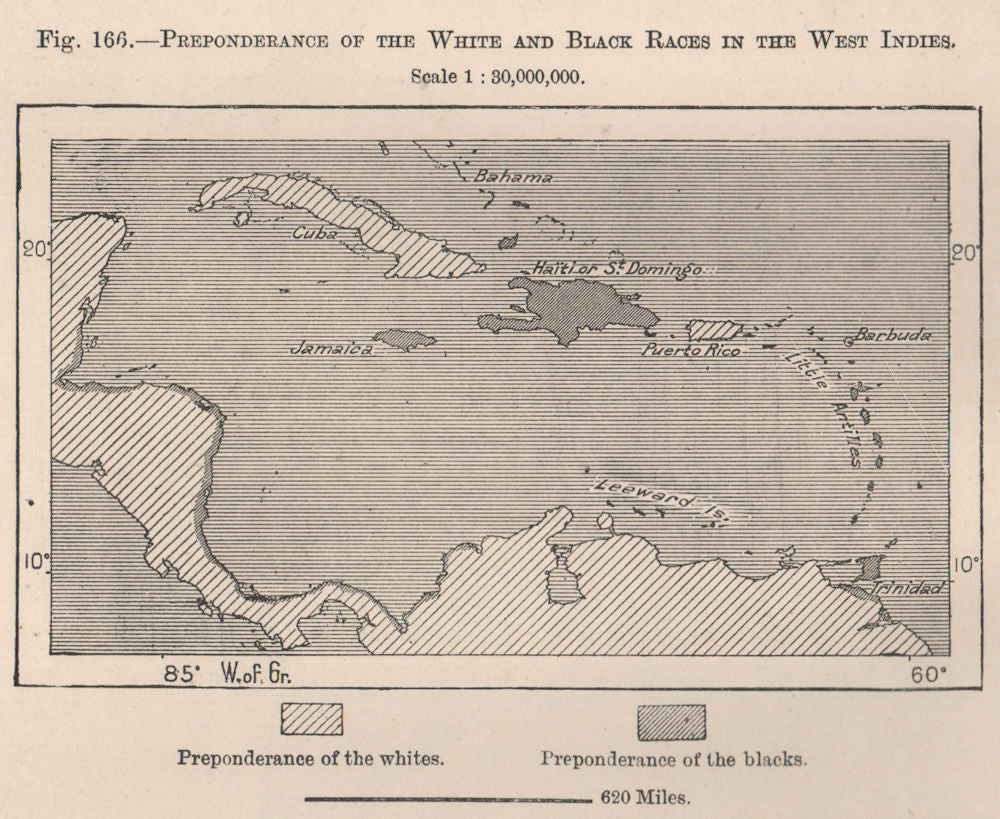 Preponderance of the white & black races in the West Indies.Caribbean 1885 map